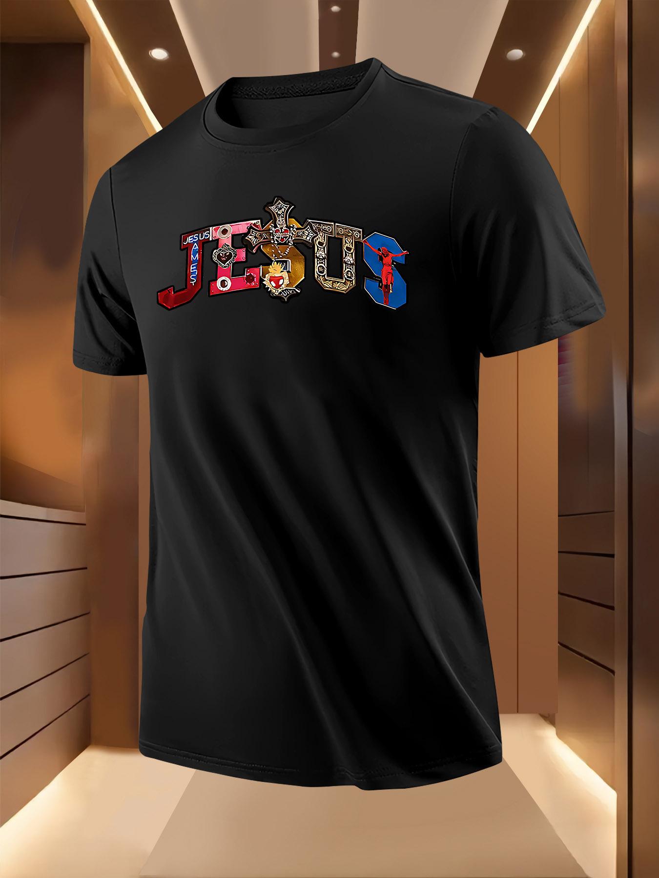 Short Sleeve Tshirt with Jesus Graphic Print Religious Em... S