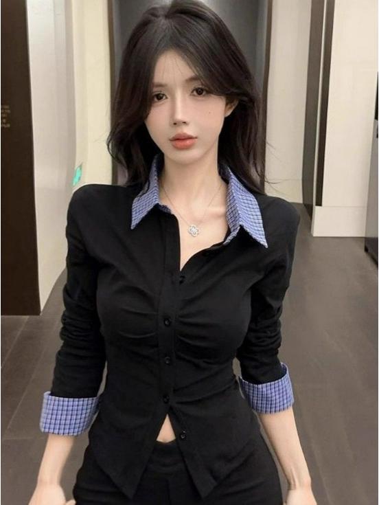 Chic Pleated Patchwork Long Sleeve T-Shirt - Slim Fit Autumn Fashion for Women