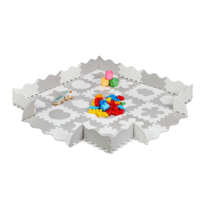 Relaxdays Tapis De Sol Puzzle 52 Pièces, Mousse EVA, Sans Polluants, 1,4 M2, Dalle Jeu Bébé, Diff Motifs, Gris/blanc