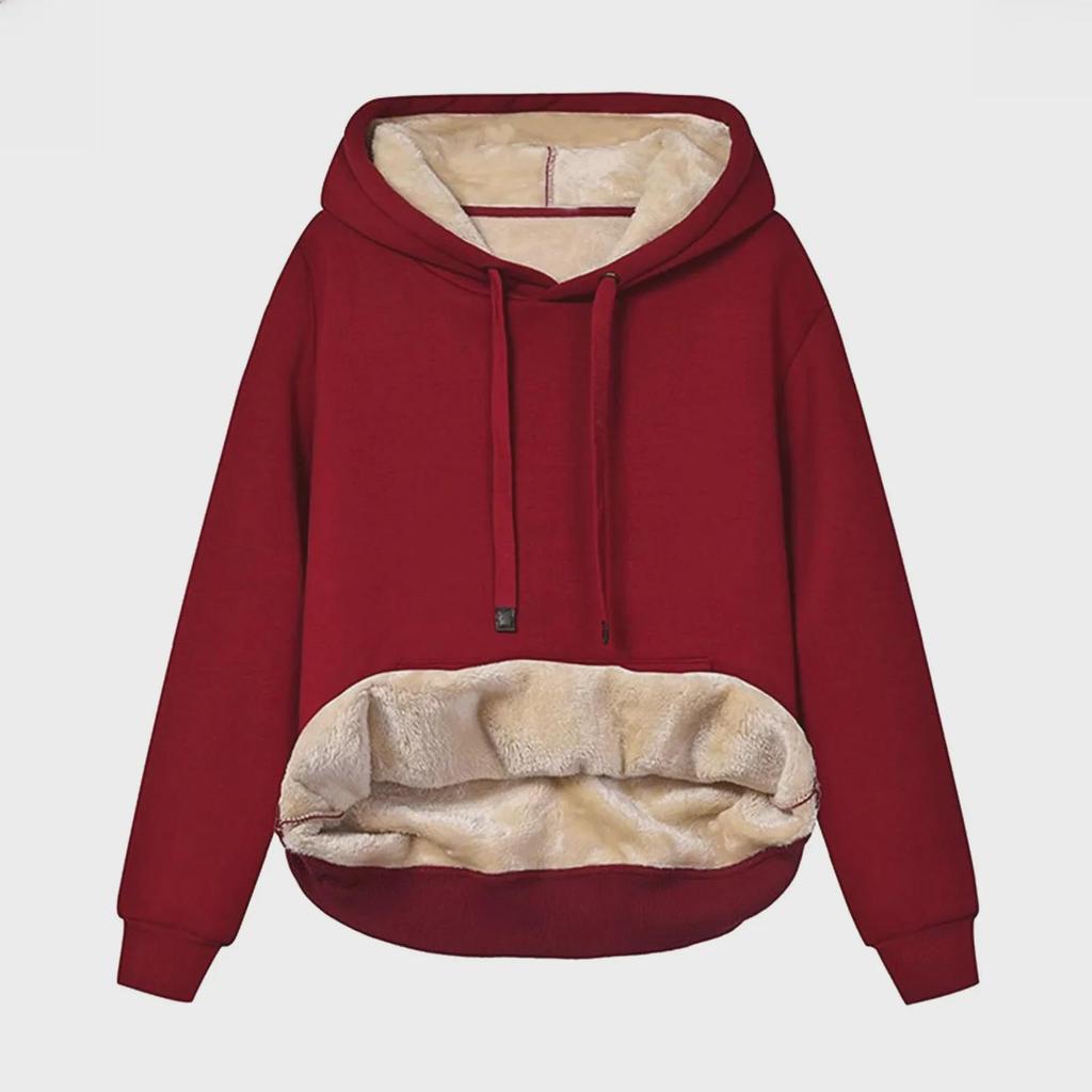 European & American Women's Hooded Drawstring Sweater - Solid Color, Thick Velvet (Autumn/Winter)