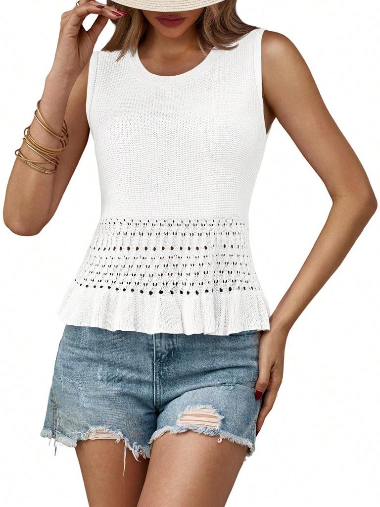 Women's Boho Crochet Crop Tank Top Sleeveless Crew Neck Ruffle Knit Sweater Vest