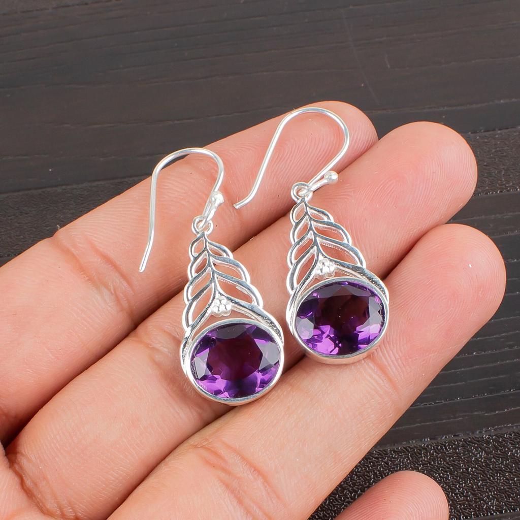 Natural Amethyst Gemstone 925 Sterling Silver Jewelry Drop/Dangle Earrings 1.64" CE-1-7