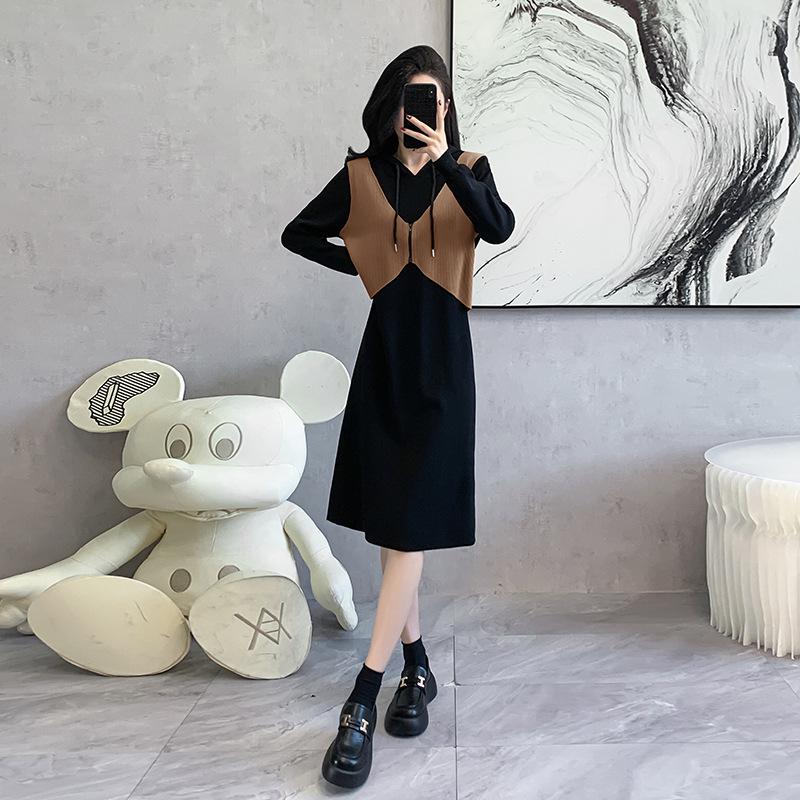 Autumn and Winter Long-sleeved Hooded Simple and Loose Pullover Temperament Thin Age-reducing Knitted Dress Women