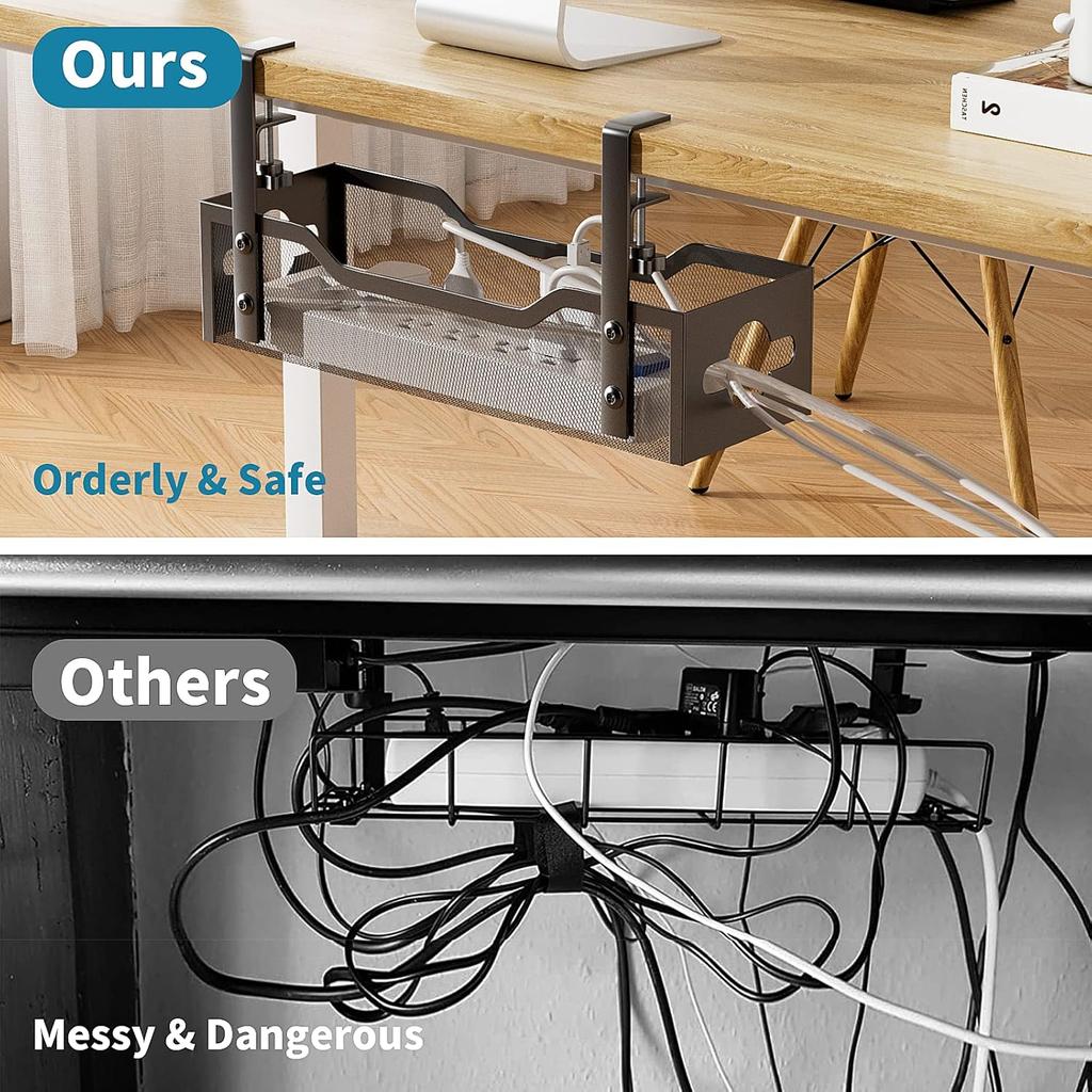 Under Desk Cable Management Tray No Drill, Metal Mesh Cable Management Under Desk with Clamp Mount, 2 Hole Cable Tray with Wire Management and Cord