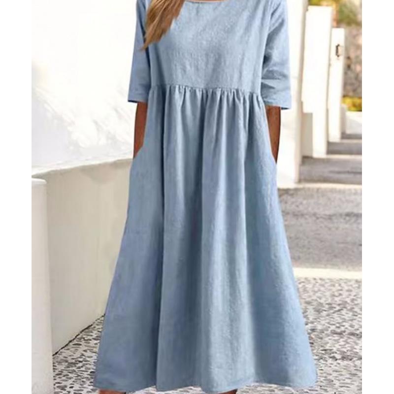 Plus Size Round Neck Solid Pleated Pocket Loose Casual Midi Comfortable Dress S-5XL Lightweight Recognition Elegant with Flattering Chic Dress