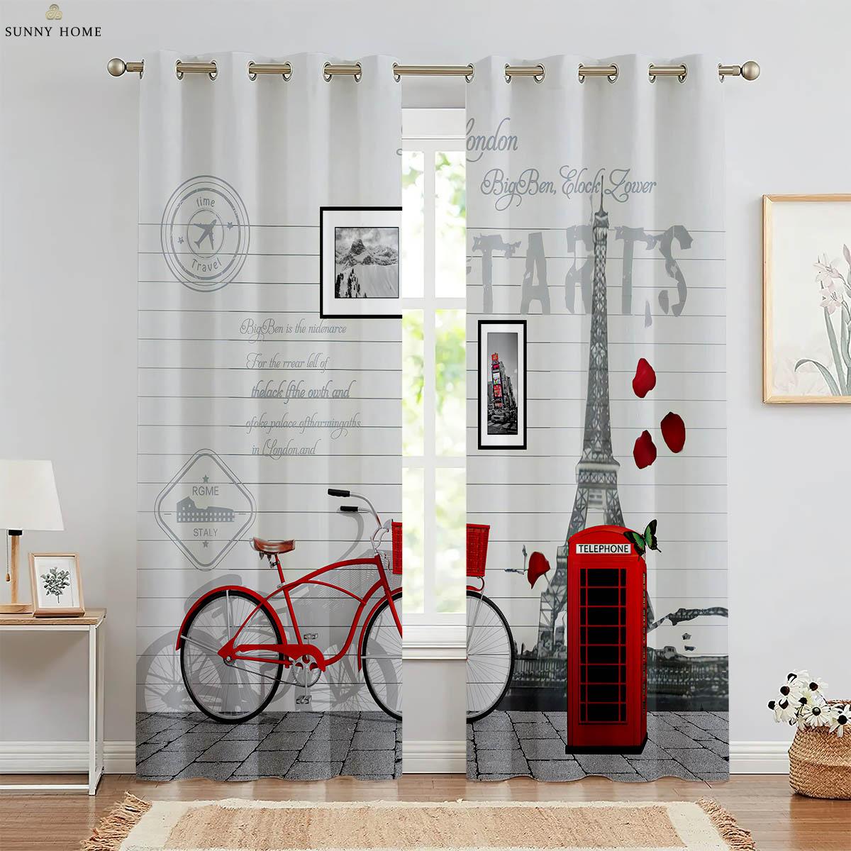 

Black And White Vintage Building Red Bus 3D Pattern Printing Curtain Bedroom Space Living Space Kitchen Area Study Room Ornamental Curtain W50xH140(CM)x2PCS&Grommet Top
