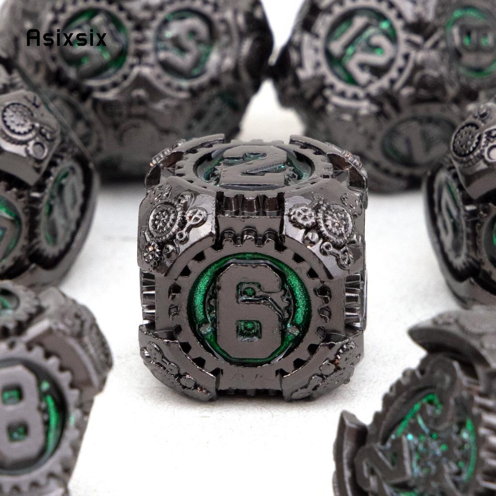 7 Pcs Green Black Gear Wheel Metal Dice Solid Metal Polyhedral Dice Set Suitable for Role-Playing RPG  Board Game Card Game