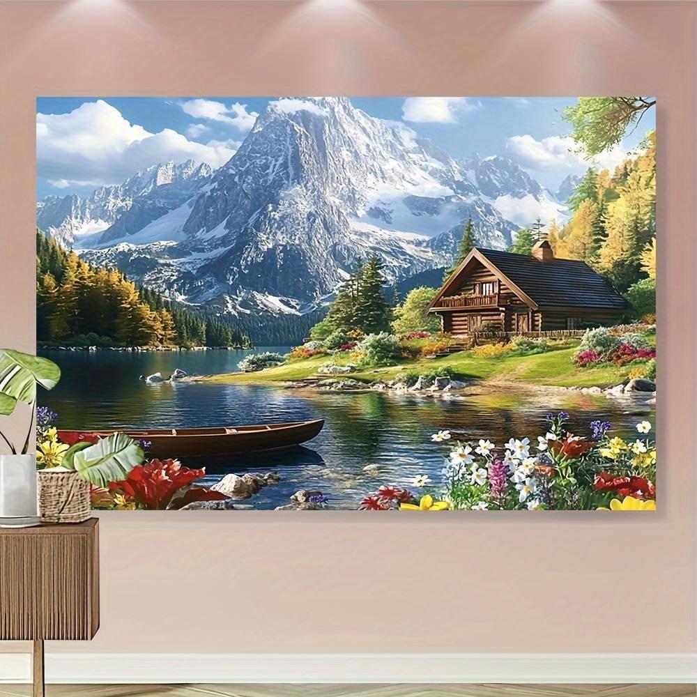 Mountain Lake Tapestry, Cozy Cabin by Serene Lake with Snowy Peaks, Scenic Landscape Wall Hanging for Home Dorm Background