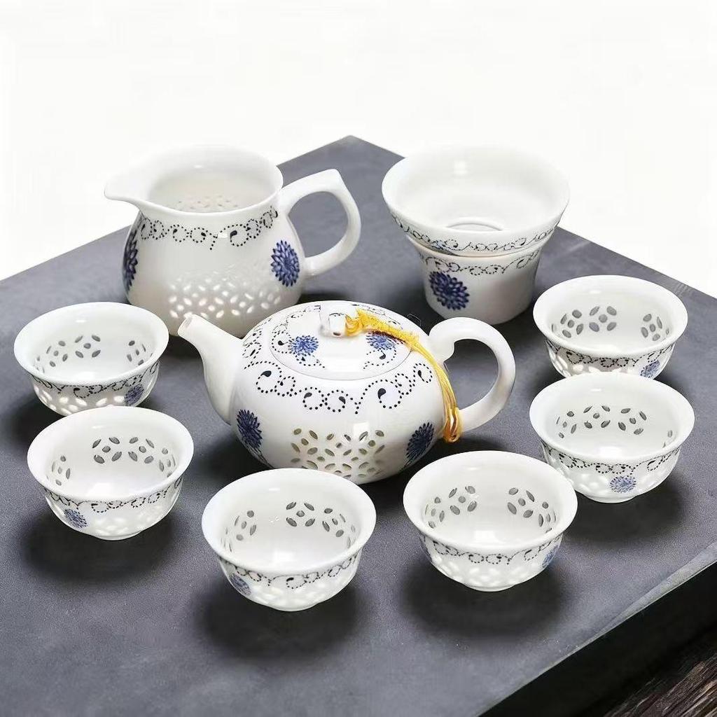 Exquisite 10-Piece Honeycomb Ceramic Kung Fu Tea Set with Teapot, Gaiwan, and Cups In a Gift Box.
