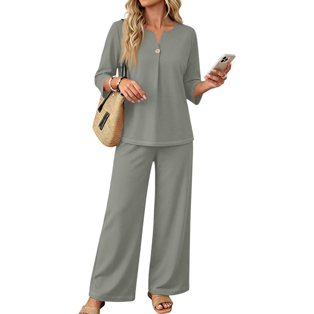 Women's Casual Two-Piece Outfit Set Color 3/4 Sleeve Button Front Top with Wide Leg Pants for Everyday Wear