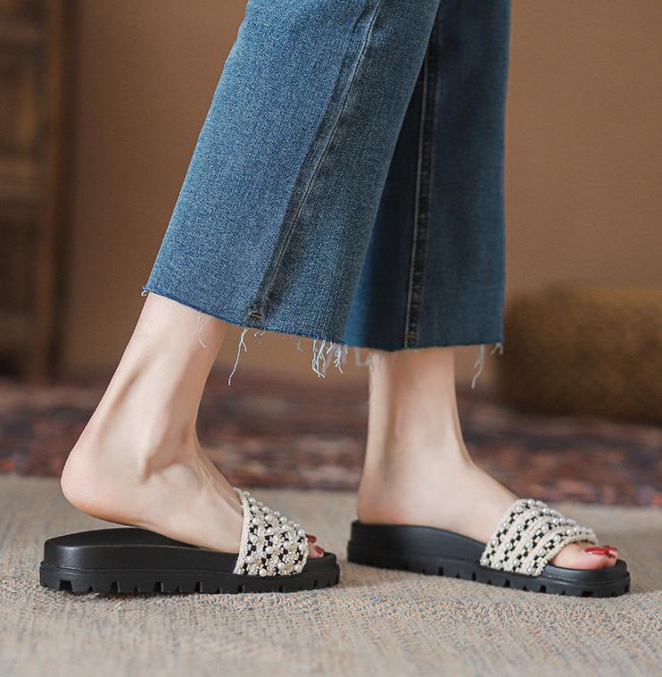 

Fashion 2025 Summer Pearl Beaded Lace Shoes Ladies Platform Sandals Causal Slides Woman Slip On Pantoufles Femmes Flats Heels Slippers 35 чёрный