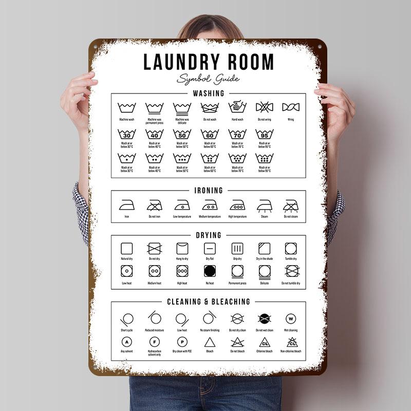 Guida ai Simboli della Lavanderia Poster in Latta Arte da Parete Personalizzabile Segni Metallici Retro Vintage per Decorazione Casa Stanza Ufficio Accogliente