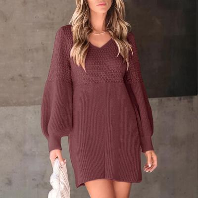 Retro V-Ausschnitt Laternenärmel Strickpulloverkleid - Europäischer & Amerikanischer Herbst-/Winterstil