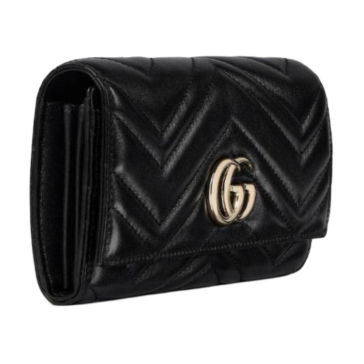 Gucci GG Marmont Chevron Quilted Black Leather Continental Wallet With Gold Hardware For Women Luxury Daily Use