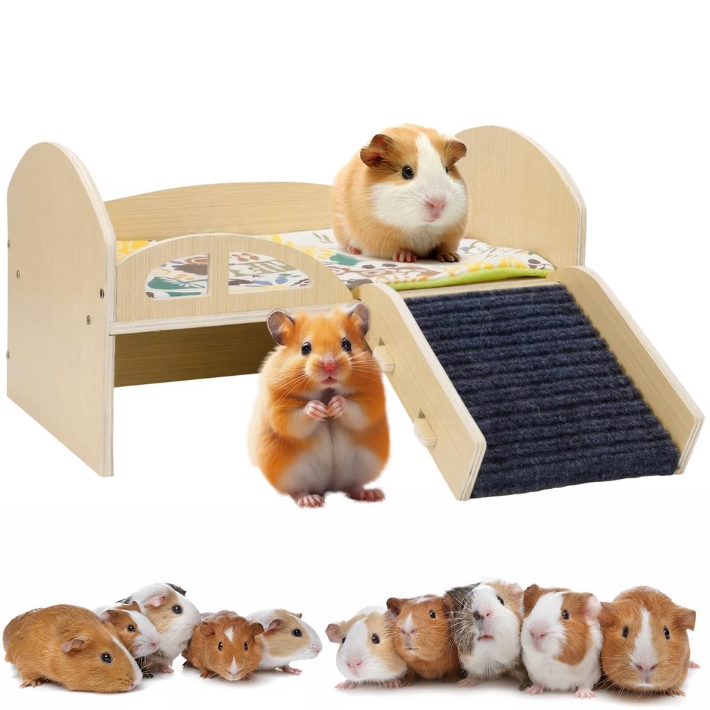Guinea Pig Bed with Stable Stairs & Mat Wooden Small Animal Bed Wear Resist Wood Pet Toy Bed for Hamsters Bunny Chinchillas