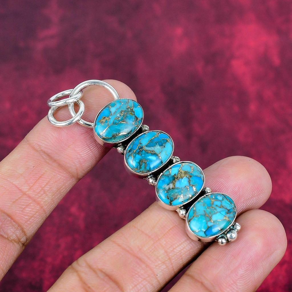 Modrý měděný tyrkysový ručně vyrobený přívěsek drahokam, 925 masivní přívěsek ze sterlingového stříbra starožitné šperky, jako dárek k zásnubám