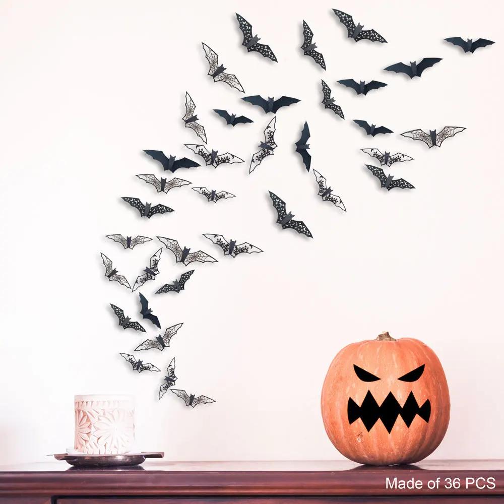 12/48pcs Halloween Decoration 3D Bat Wall Stickers Hollow Black Bat for DIY Halloween Party Horror House Scary Decal Decor