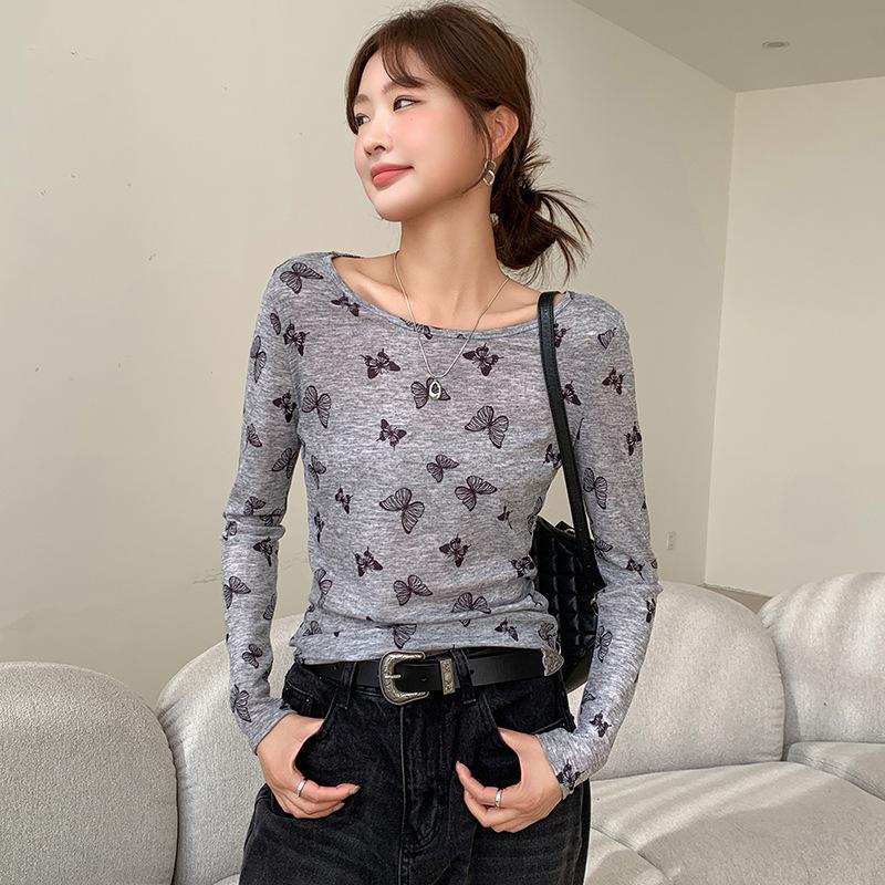 

8 Принт бабочки легкая и тонкая футболка с круглым вырезом, универсальная, с длинным рукавом, приталенного кроя, женская тонкая повседневная блузка для весны и лета XL (recommended 120-70kg) серый