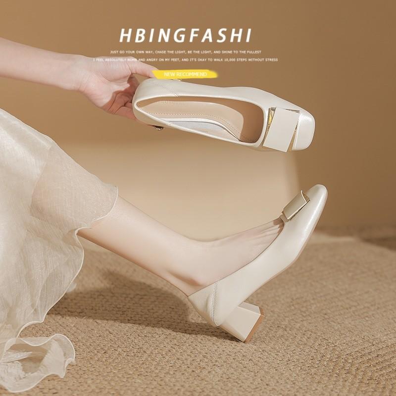 Giant soft~ French leather square head soft leather single shoes versatile temperament thick heel light mouth spring and autumn shoes professional