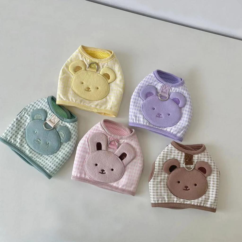 INS Pet Five Color Checker Cute Bear Series Chest Back Pet Small Dog Go Out Traction Sunshade Hat Cute Chest Back Set Puppy
