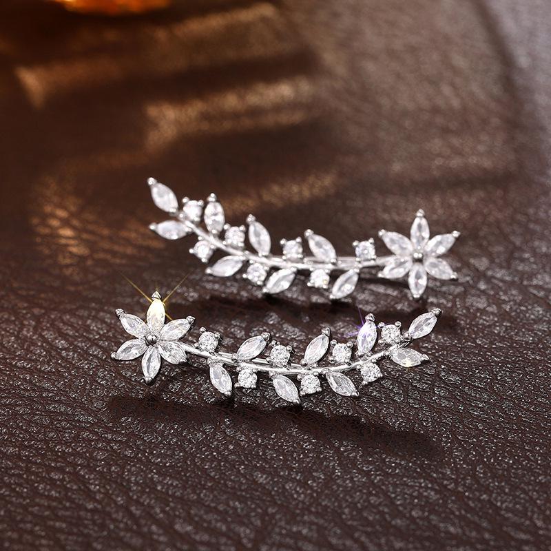 Rhinestone Flower & Leaf Earrings: Luxurious High-End European Style for Women