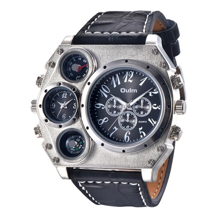 Oulm HP1349 Men's Sport Quartz Wristwatch Super Big Dial Decorative Compass Business Style Leather Band New Large Dial for Men