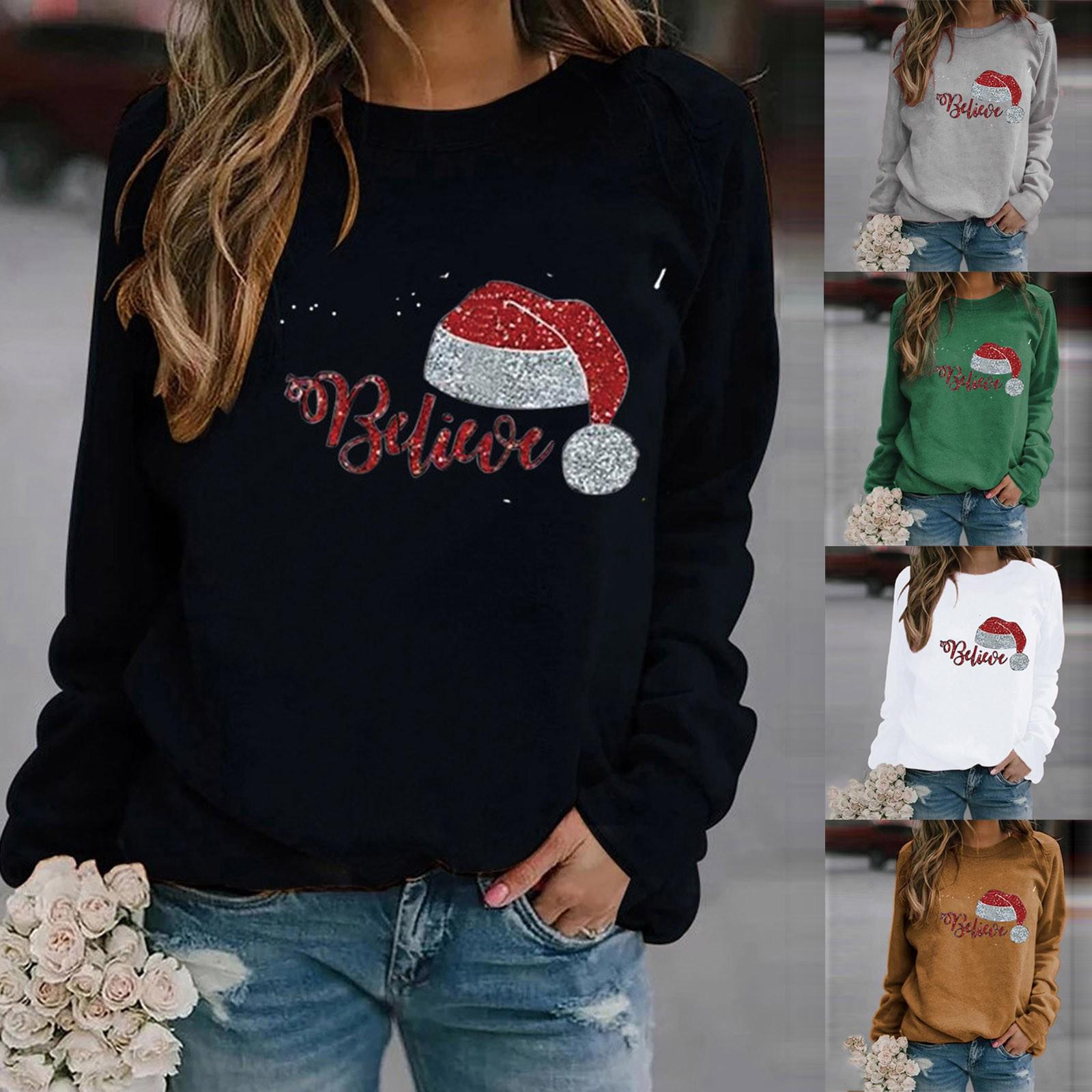 

Женская мода для отдыха с рождественским принтом и длинным рукавом с круглым вырезом, повседневные свободные топы