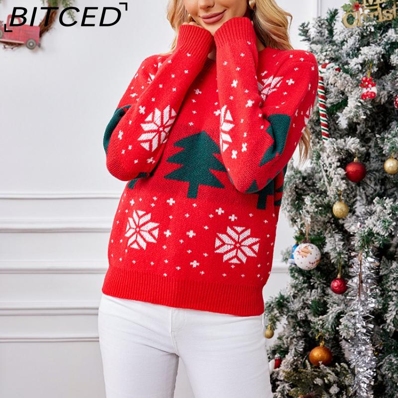 BITCED Christmas Red Sweater Autumn/Winter Women's Christmas Tree Jacquard Pullover Knit Sweater