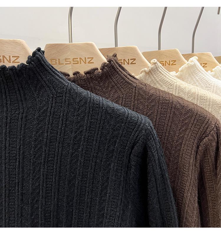 Women's White Half Turtleneck Knitted Sweater with Wheat and Wood Ear Detailing - Perfect for Spring, Autumn, and Winter Layers