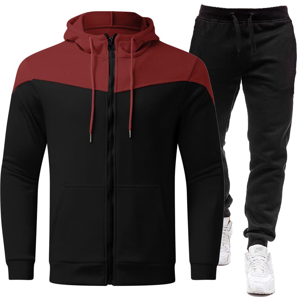 Cross Border Contrasting Sweatshirt Jacket+zipper Cardigan Hooded Men's Suit Casual Fashion Men's Long Sleeved Sports