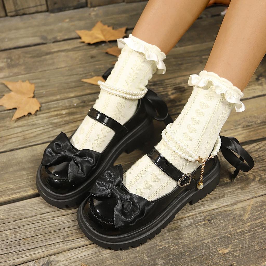Women Lolita Shoes New Pearl Chain Mary Jane Shoes Woman Fashion Versatile Outdoor Platform Heels Shoes Women