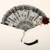 Vintage Spanish Flamenco Folding Fan Rose Lace Hand Fan Elegant Black Decorative Fan for Wedding Party Stage Performance Costume Accessory