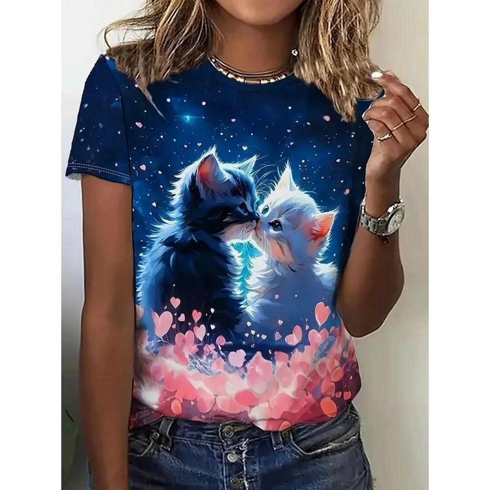 Summer Round Neck Cat Pattern 3D Print Top Fashionable Casual Short Sleeved Women's T-shirts