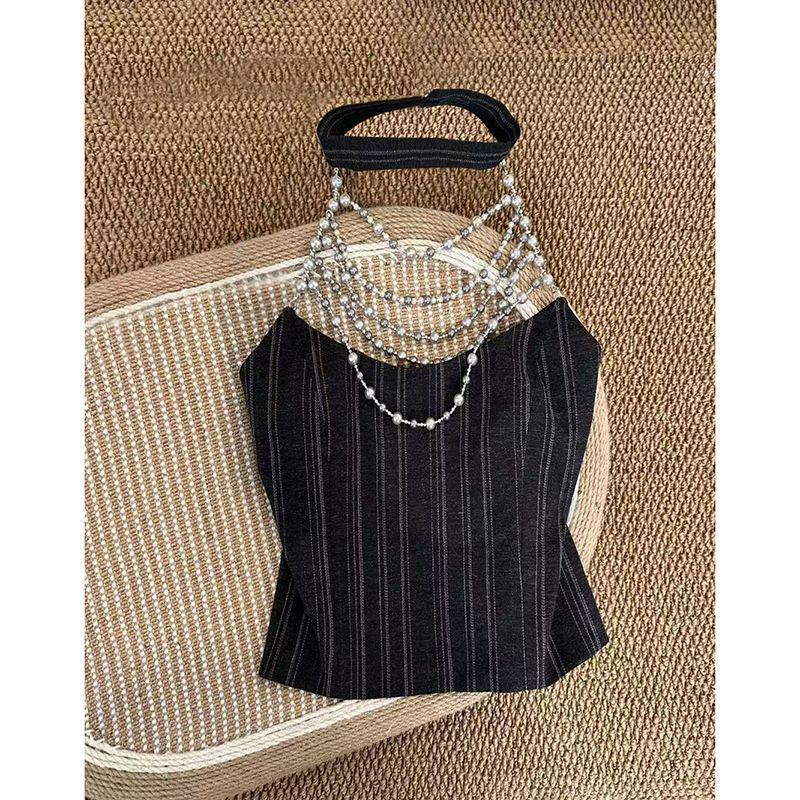 Striped Halter Chain Crop Top with Open Back - Women s Slim Fit, Sexy Design Small