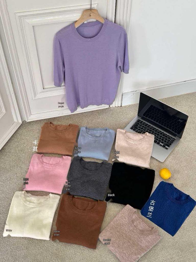 Women's Five-Sleeve Wool Base Layer Sweater - 100% Fine Knit, Autumn/Winter Simple Style