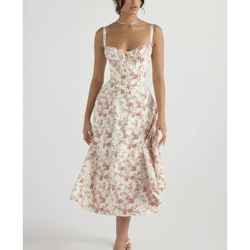 

Western Style New Sexy Floral Sling Sleeveless Big Hemline Dress Sexy Floral Sling Dress White background pink flower S