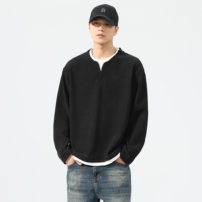 

Осенняя горная уличная вафельная футболка с длинным рукавом, имитация двух предметов, американский ретро, для легкого альпинизма, с V-образным вырезом 4XL чёрный