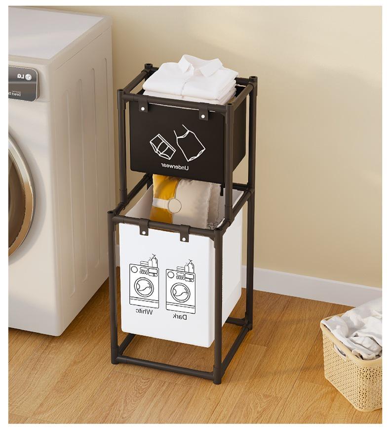 Brazilian Double-Layer Laundry Organizer: Multi-Functional Clothes Sorting Basket and Shelf.