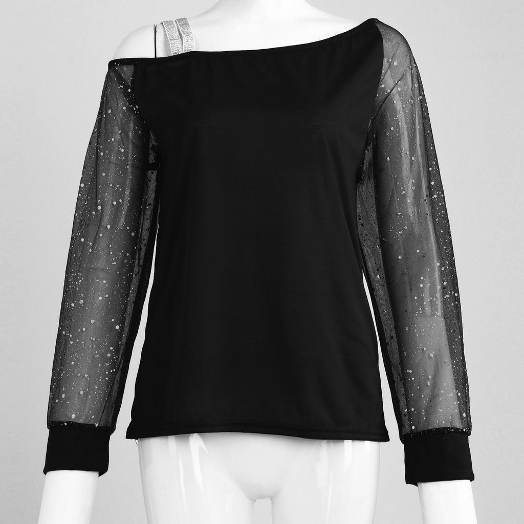 Damenmode Diagonaler Ausschnitt Mesh, Lange Ärmel, Einreihiger Halsansatz Top