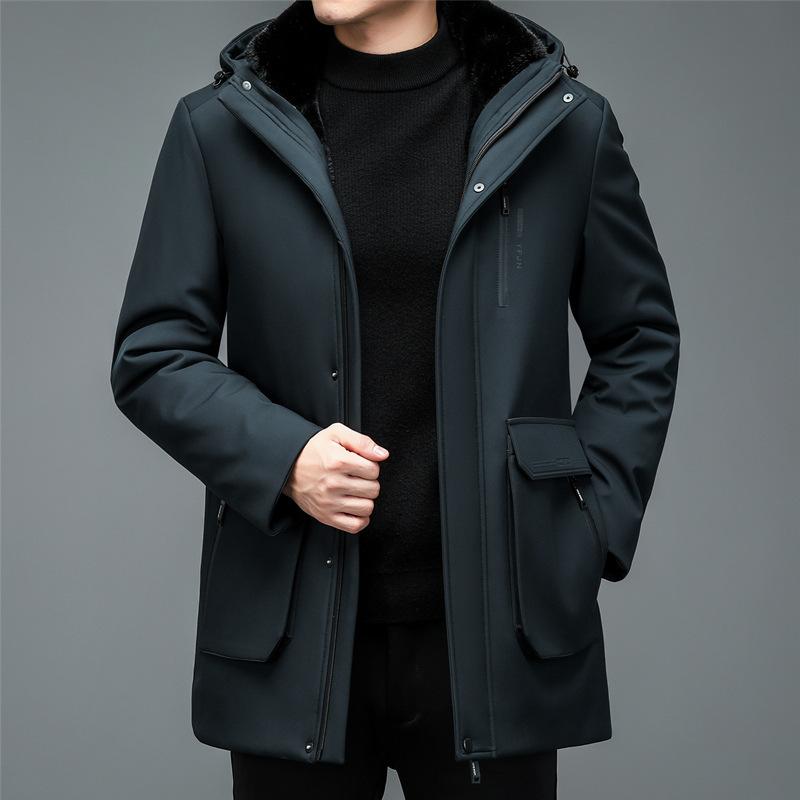 

Мужская утолщенная повседневная меховая цельная хлопковая куртка средней длины с капюшоном, модная 4XL зелёный