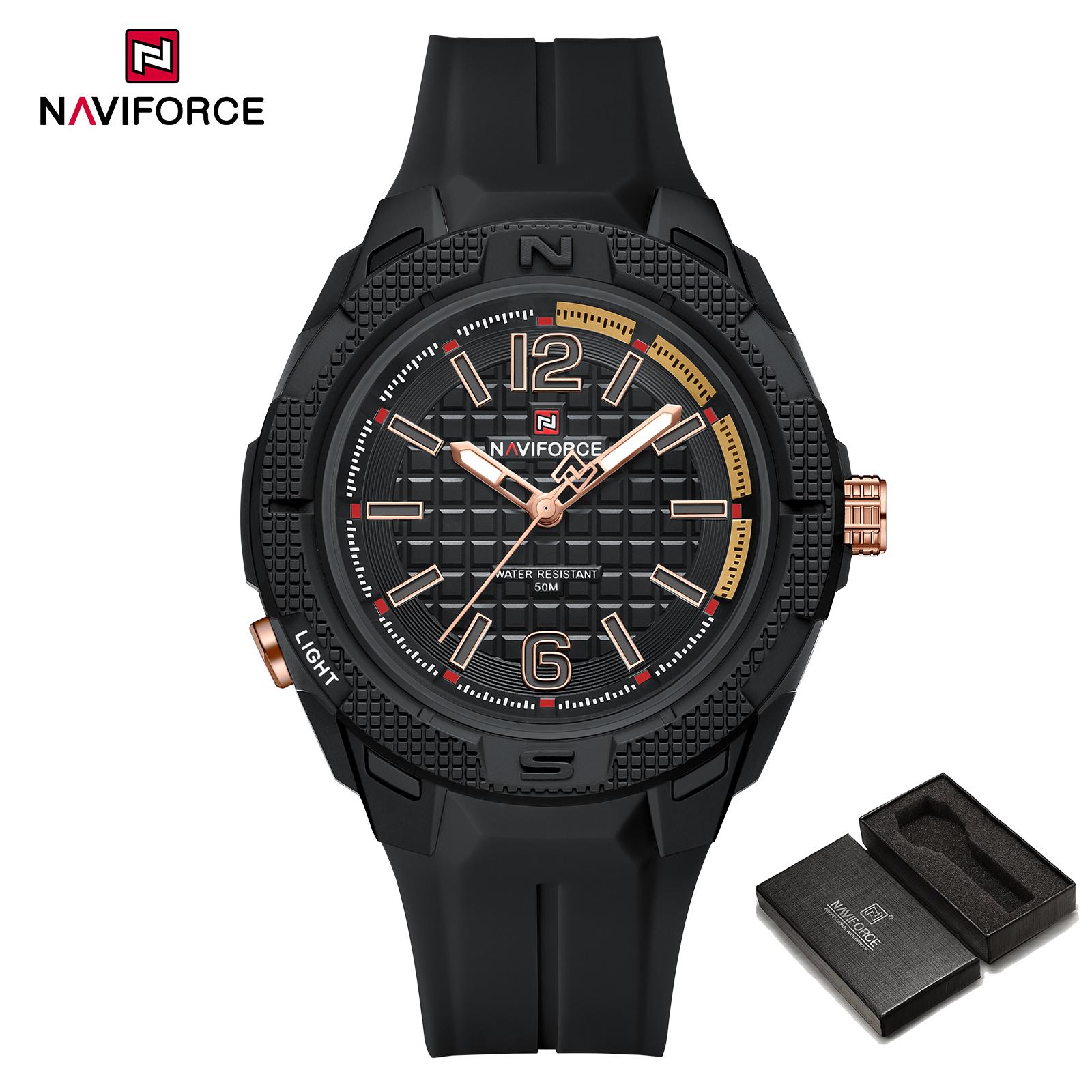 

NAVIFORCE Original Light Quartz Watch for Men Boy Luminous Pointer 50m Waterproof Silicone Strap Outdoor Fashion Men Watch NF7126 розового золота/чёрный