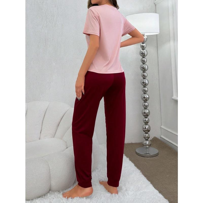 Ensemble pyjama décontracté pour femme - Haut à manches courtes imprimé lettres et pantalon long