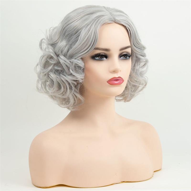 Synthetic Short Grey Curly Wig for Women Natural Curly Hair Old Woman Wigs Cosplay Costume Use Grandmother Wig Heat Resistant