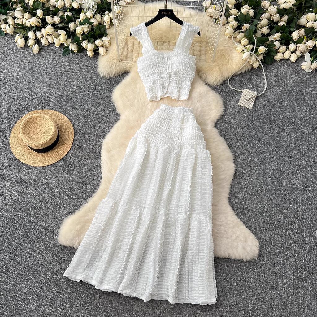 Summer Lace Patchwork Beach Two Pieces Sets Women Sexy Camisole+A Line Long Skirt Fashion Elastic Bohemian Suits