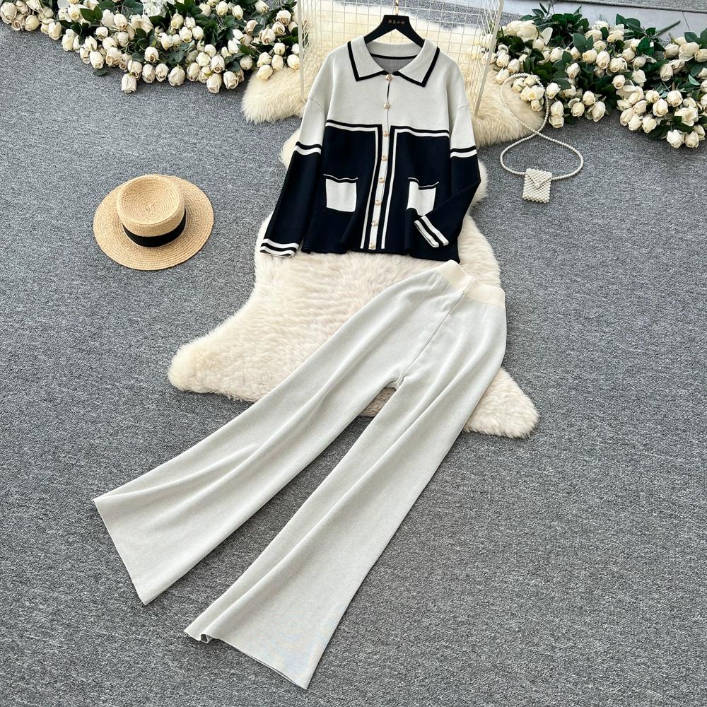 

Осінньо-зимовий жіночий повсякденний в язаний светр, штани, набір з двох предметів, однобортний жакет з кишенями, топи та штани, спортивний костюм One Size абрикосовий