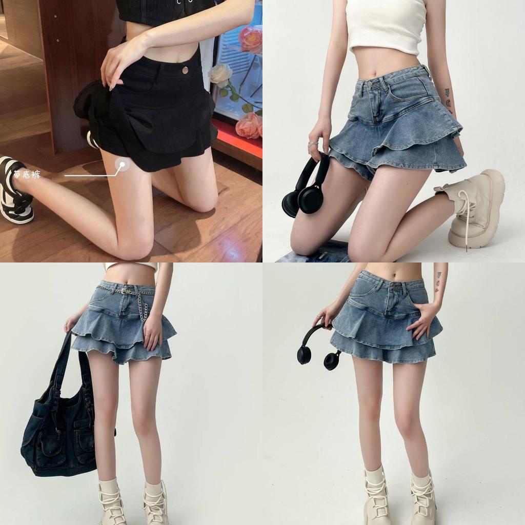 Denim Mini Skirt For Women High Waist Splicing Summer Ruffled Fashionable Casual For Teens