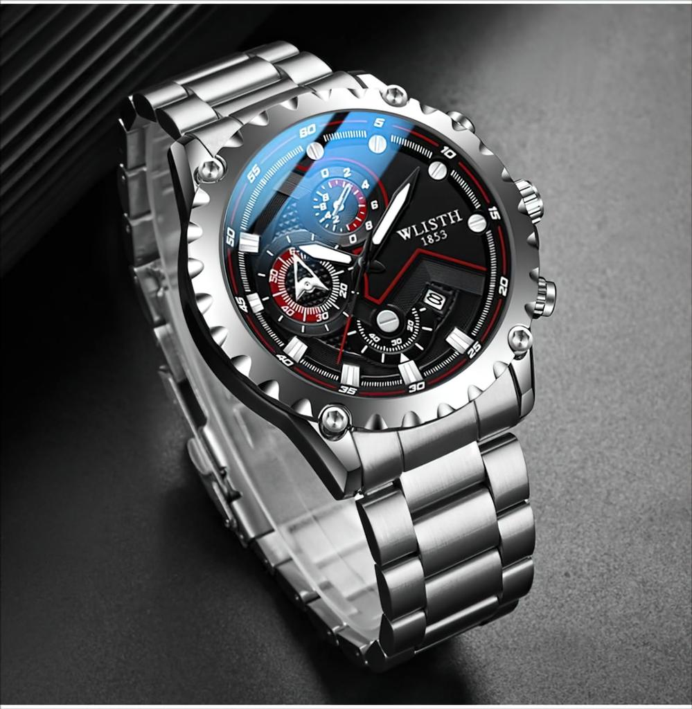 Stylish Analog Watch with Waterproof Calendar and Stainless Steel Black Band and Black Dial Men's Strap,