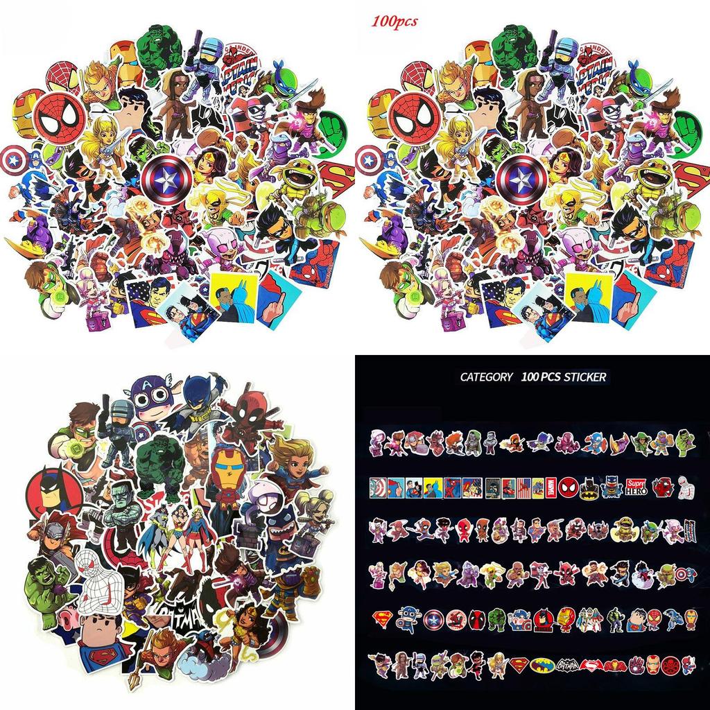 100 Stück Mehrfarbige Superhelden-Aufkleber für Gepäck, Laptop, Skateboard, Fahrrad, Auto