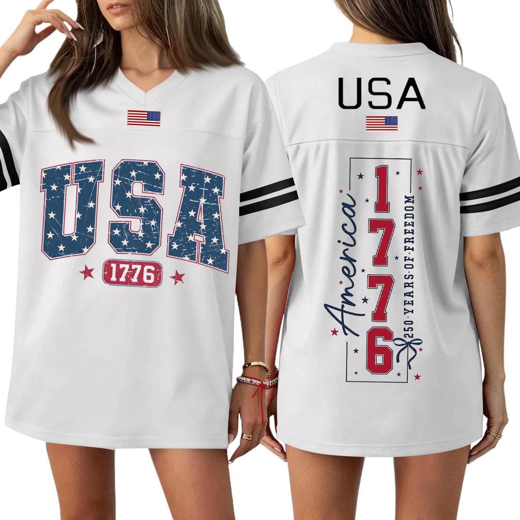 Damen Casual Mode V-Ausschnitt Sport Unabhängigkeitstag Druck Kurzarm Sport T-Shirt Top