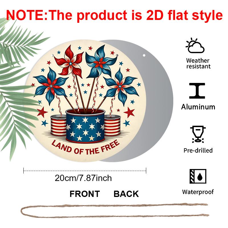 2D Flat, 1pc Round "Land Of The Free" Aluminum Hanging Sign, Patriotic Red White Blue Pinwheel Windmill Design, Rustic Retro Metal Wall Decor